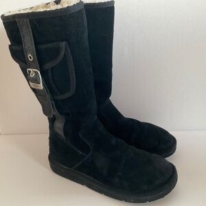 UGG WOMENS TALL BLACK CARGO POCKET BUCKLE SUEDE SHEEPSKIN BOOTS SIZE 7